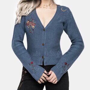 disturbia Selenia Moth Embroidered Cable Twist Knit Cardigan small